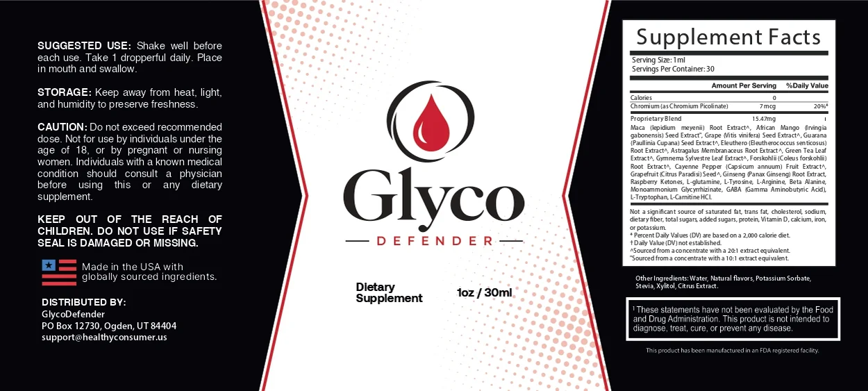 GlycoDefender Supplement Facts label showing Chromium 7 mcg and a 15.47 mg proprietary blend