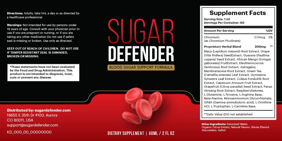 Sugar Defender Supplement Facts label: chromium 0.7 mcg and a 200 mg proprietary herbal blend